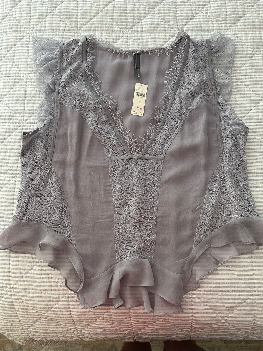 Anthropologie Lace-Panel Ruffle V-Neck Top in Dusty Lavender - Picture 2 of 6